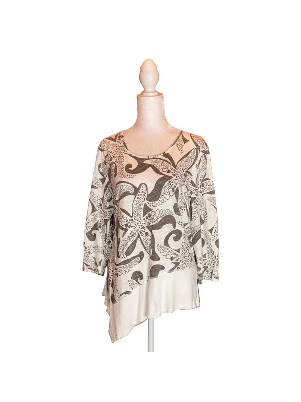 SUN MODA Gray & Cream Starfish Print Asymmetrical 3/4 Sleeve Tunic Top Size S